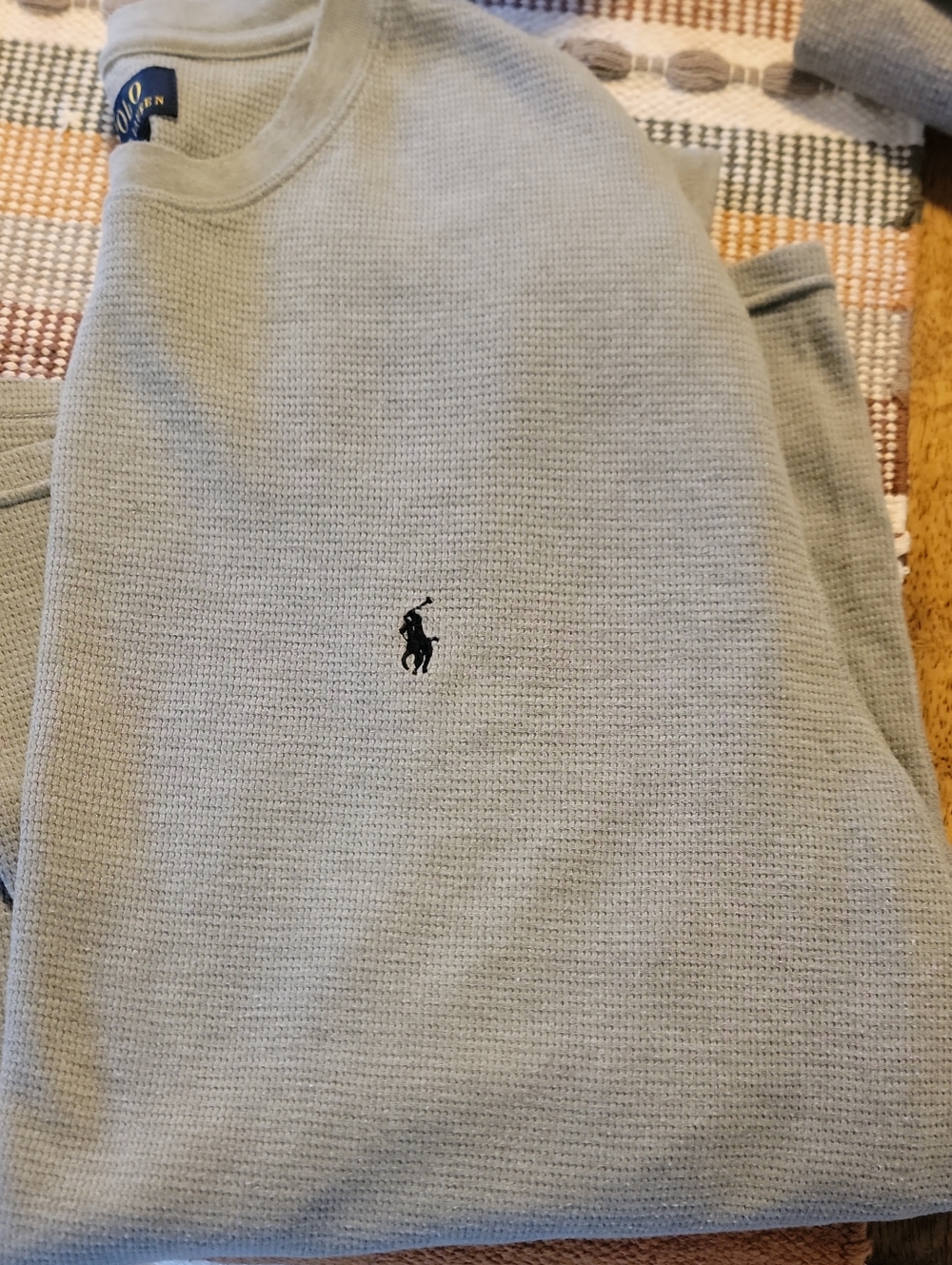 Ralph Lauren Light Gray Crewneck Waffle Knit Sweater with Navy Polo Logo